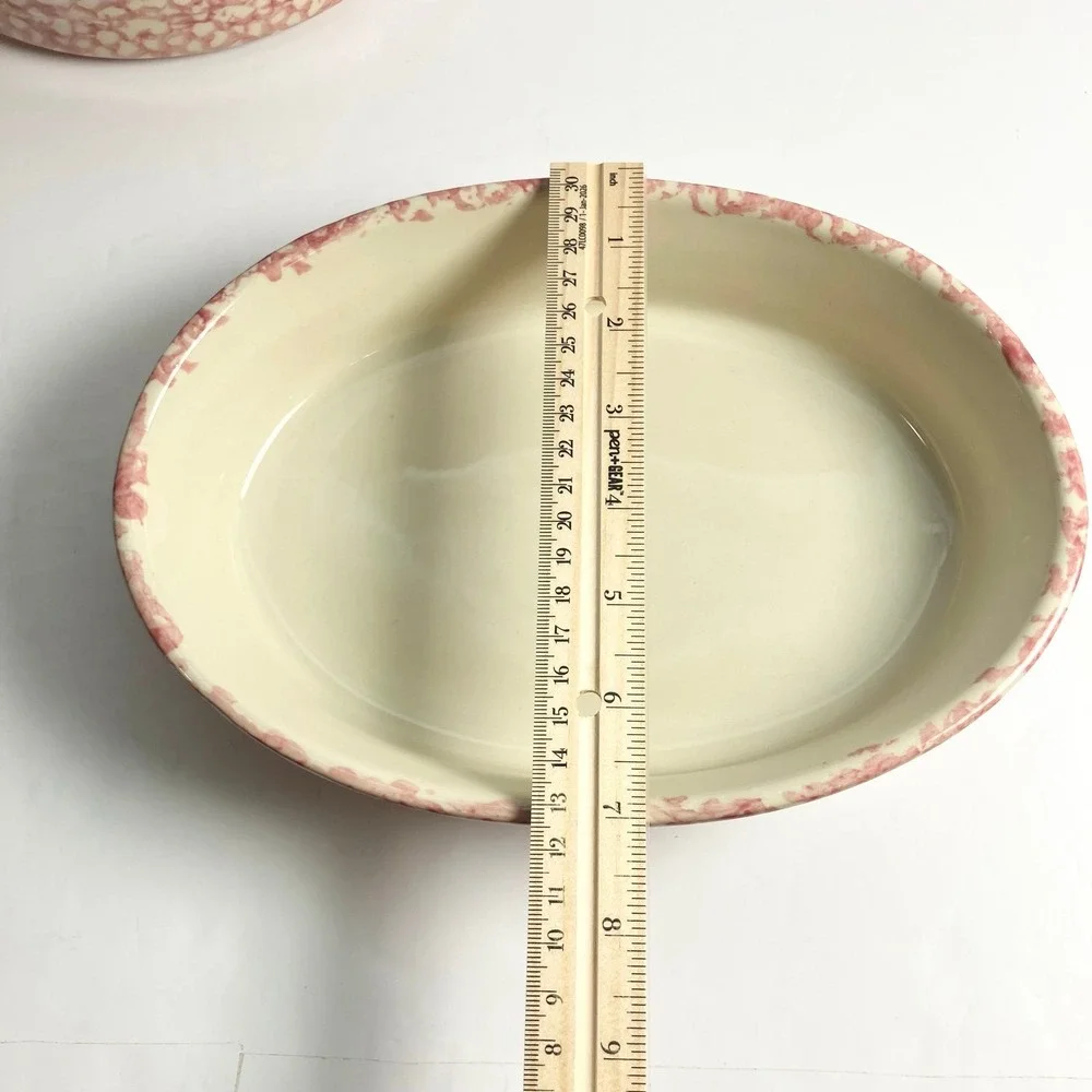 2 Roseville Pink Spongeware Pottery Oval Dish/Bowls by Gerald E. Henn 10
